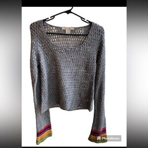 Free People Gray Crochet Sweater with Colorful Cuffs